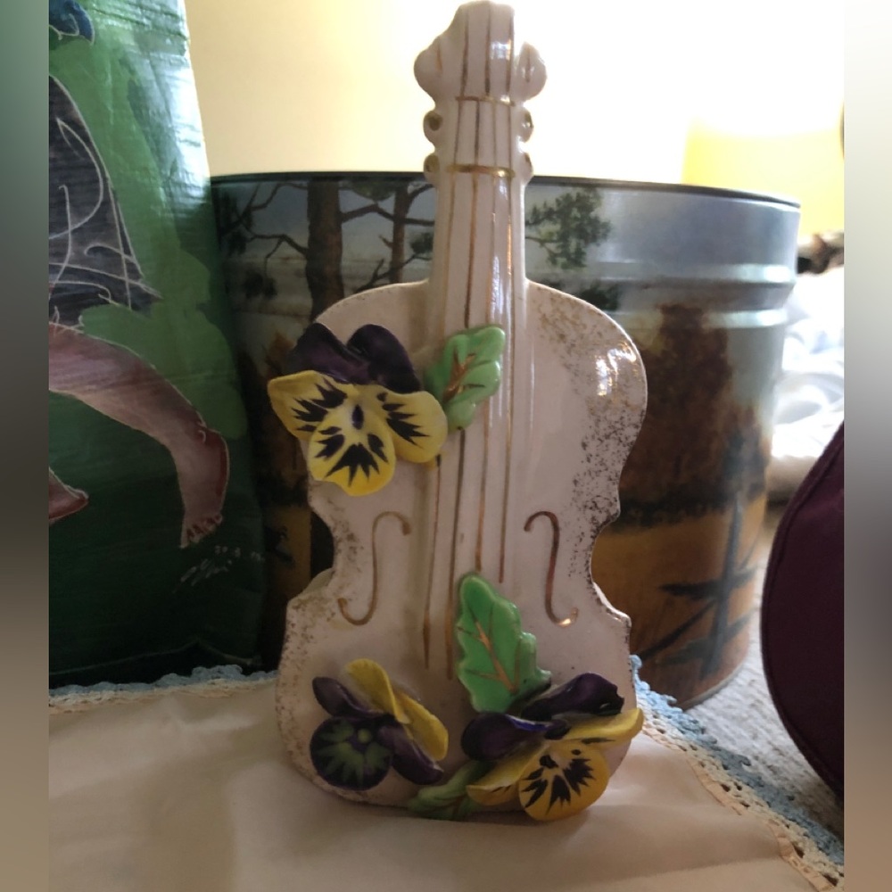 Decorative White Ceramic Violin Accent with Yellow & Purple Flowers